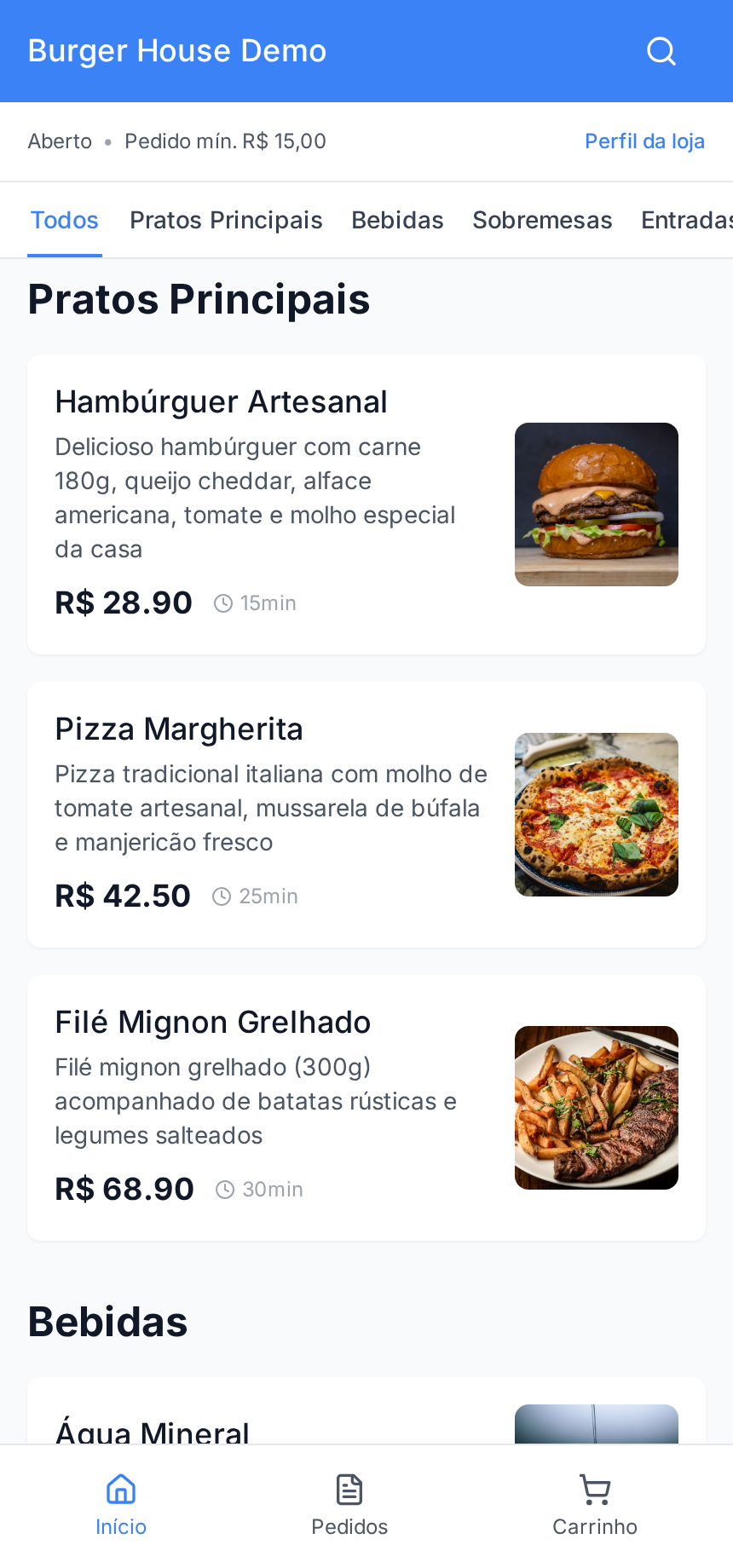 Cardápio digital real do Pede é Fácil no celular